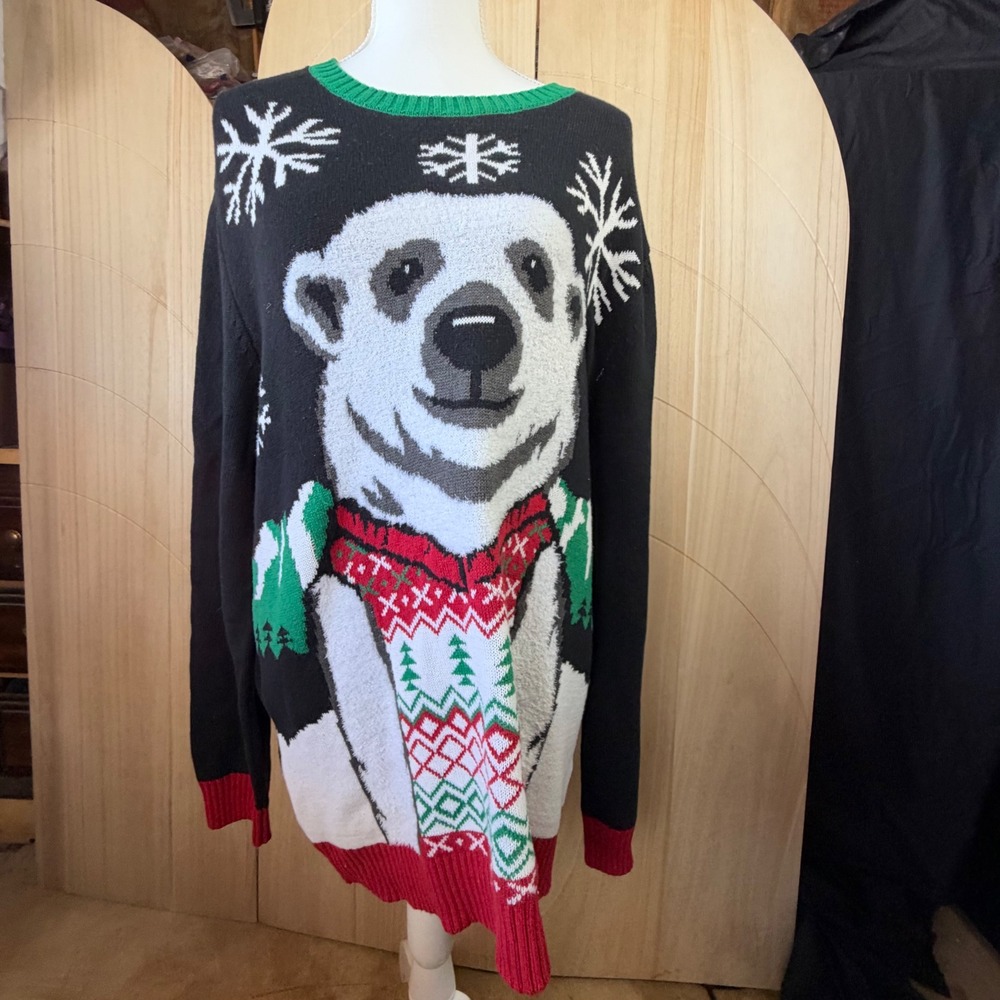 Ugly Christmas Sweater XXL Black Polar Bear Fair Isle Holiday Knit Pullover